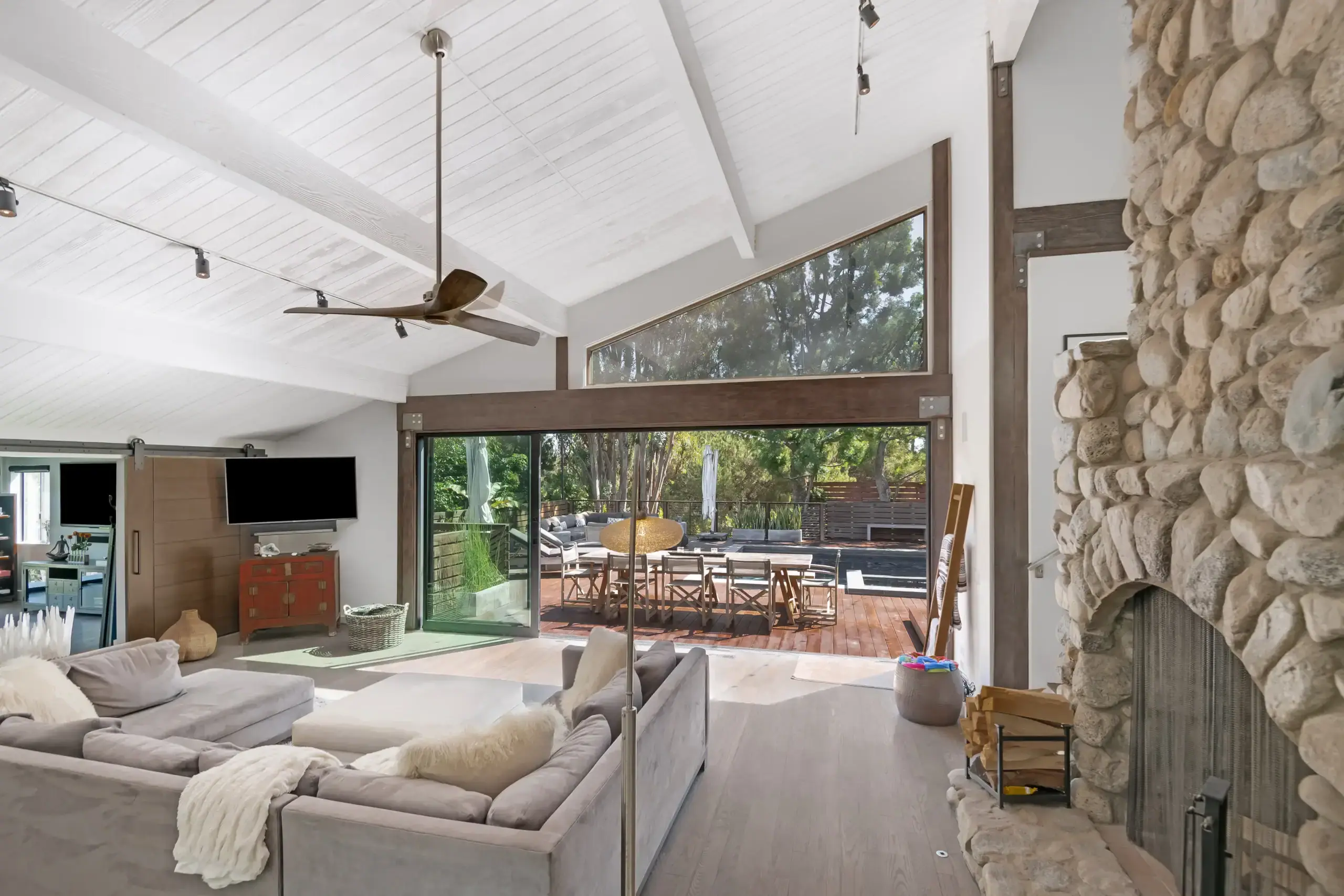 A calm, light-filled living room inside a private Malibu mental health residence