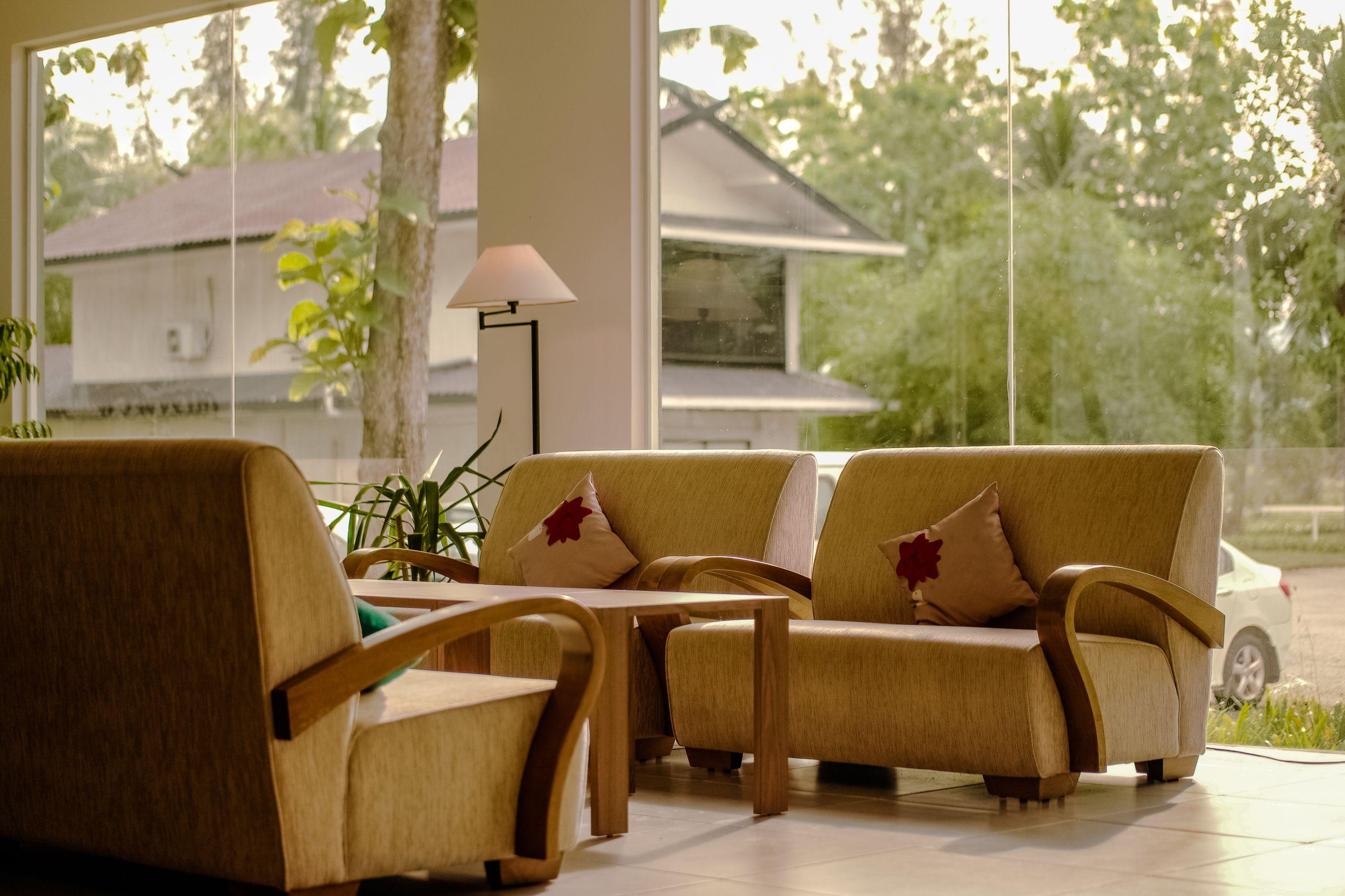 A sunlit lounge with warm-toned sofas and floor-to-ceiling windows overlooking green trees