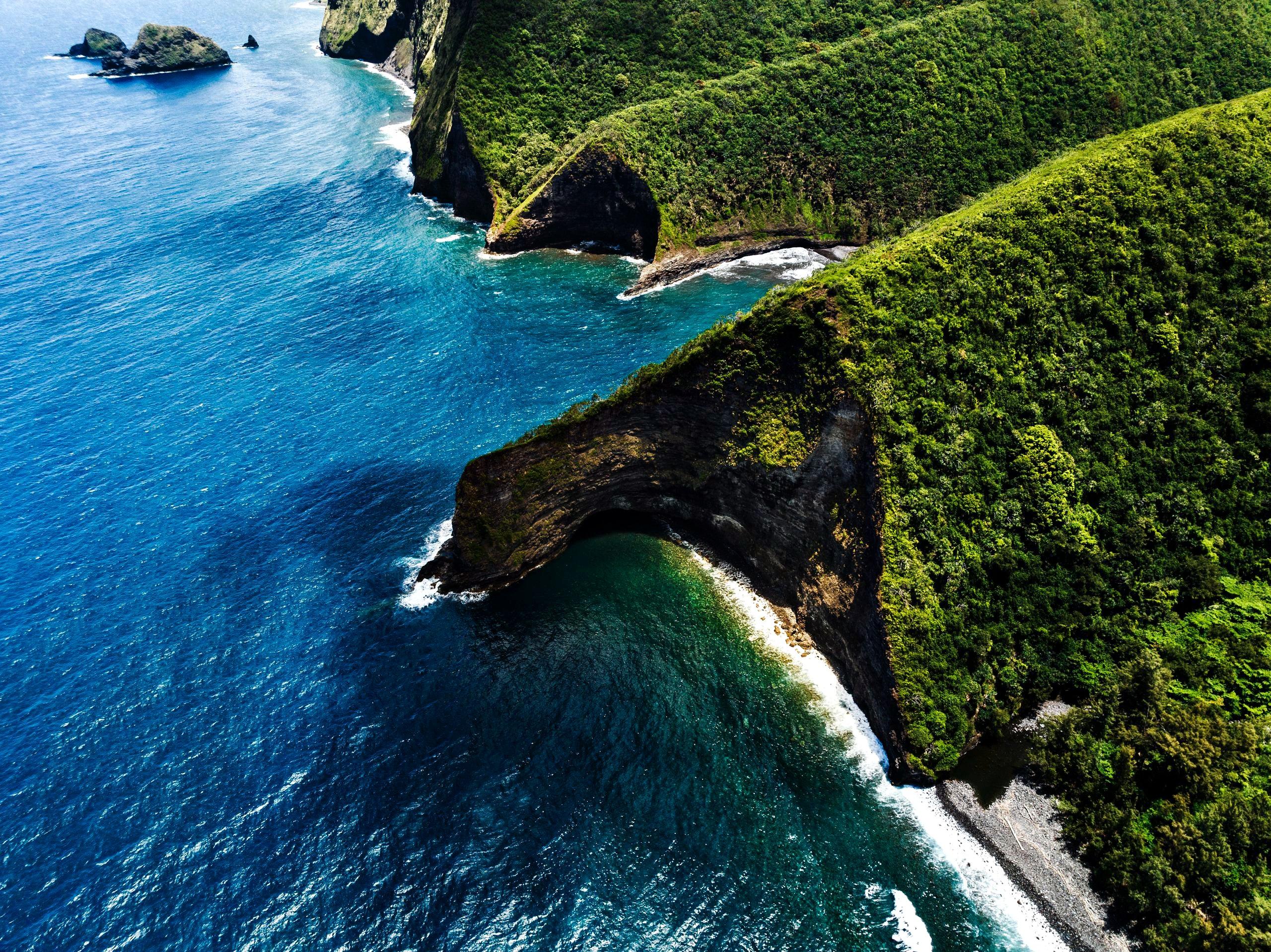 Aerial view of lush green Hawaiian sea cliffs meeting the deep blue Pacific Ocean