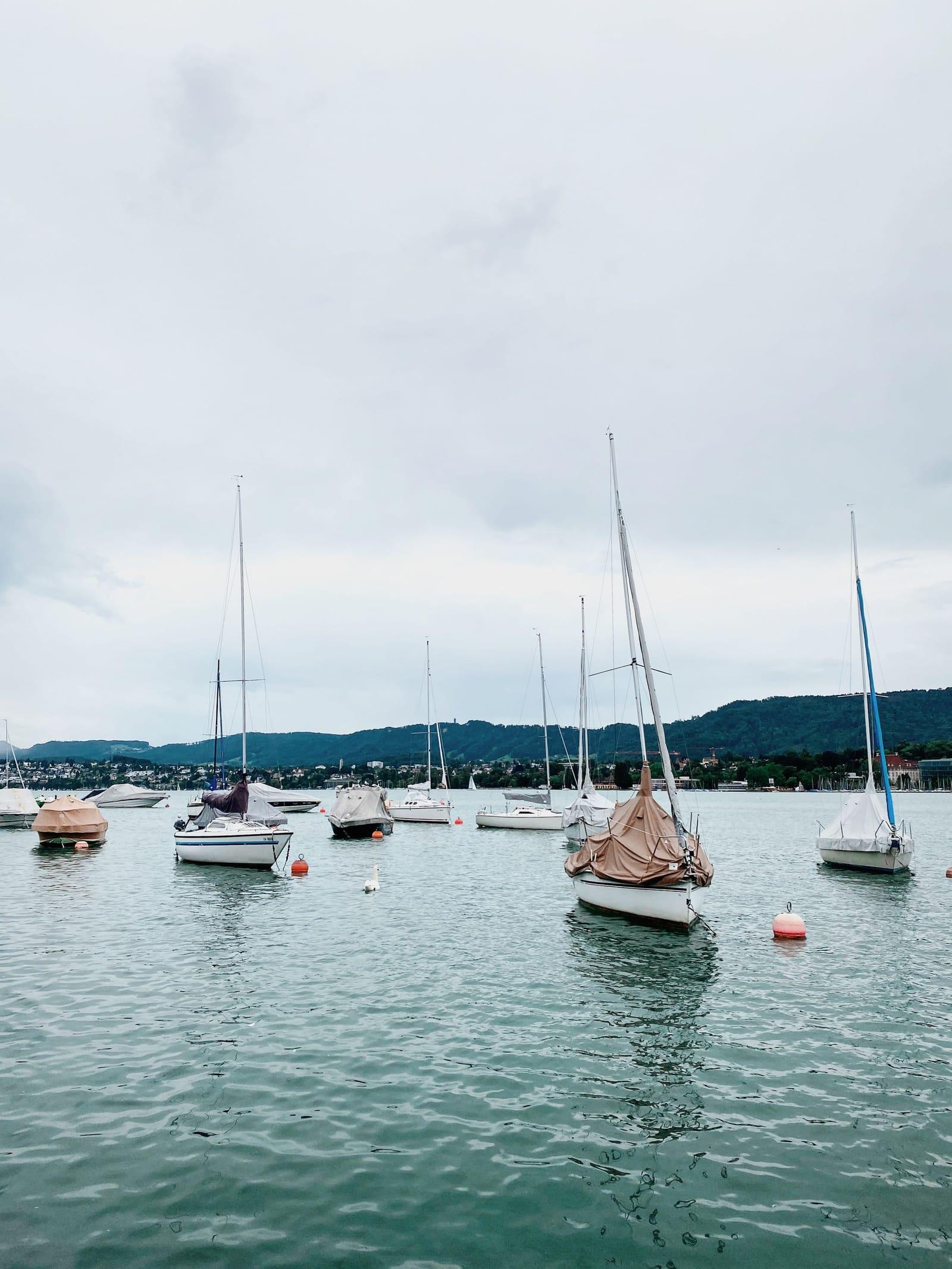 Sailboats moored on Lake Zurich under an overcast sky