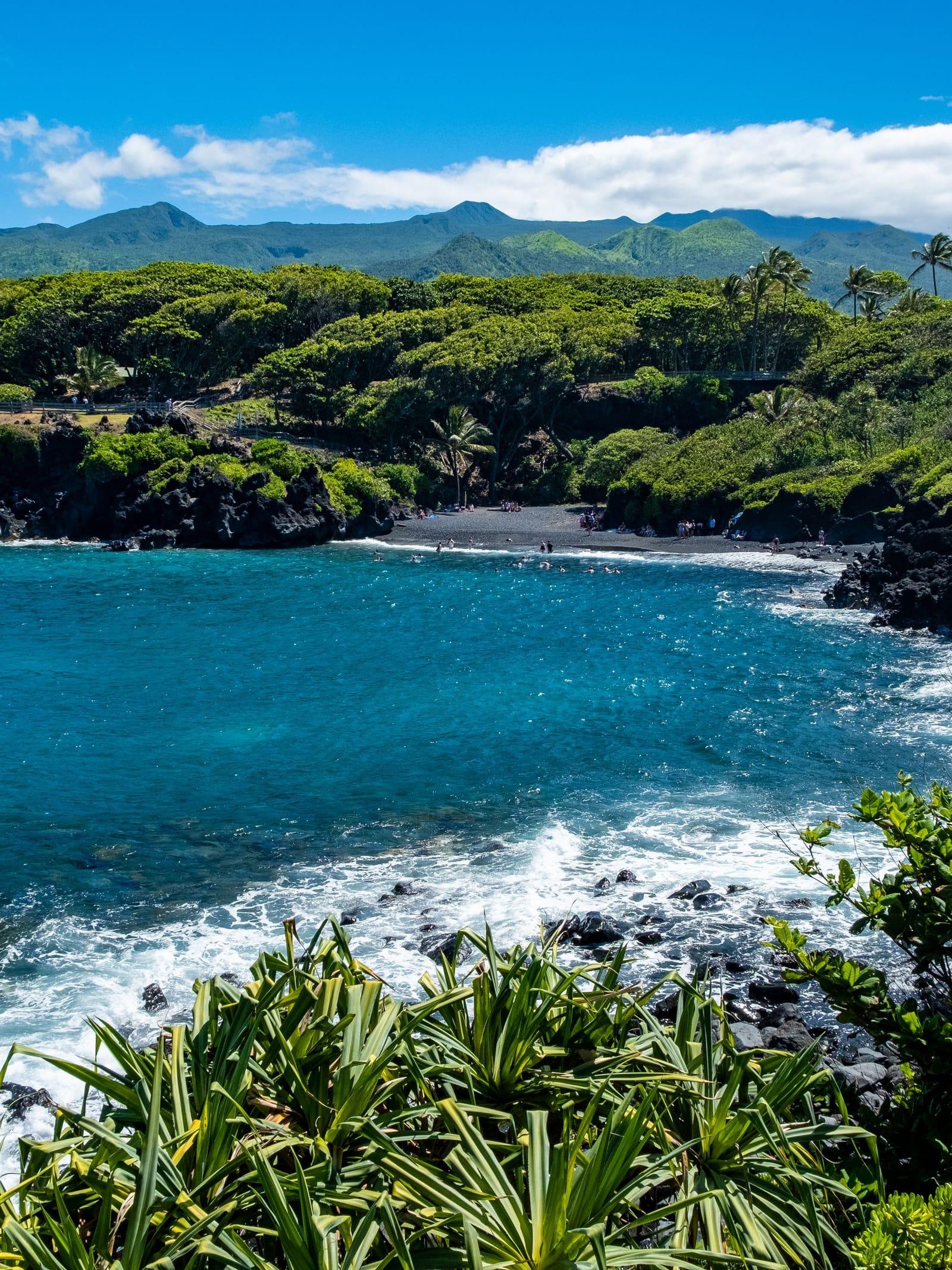 Green forest running down to the blue water of Hana Bay