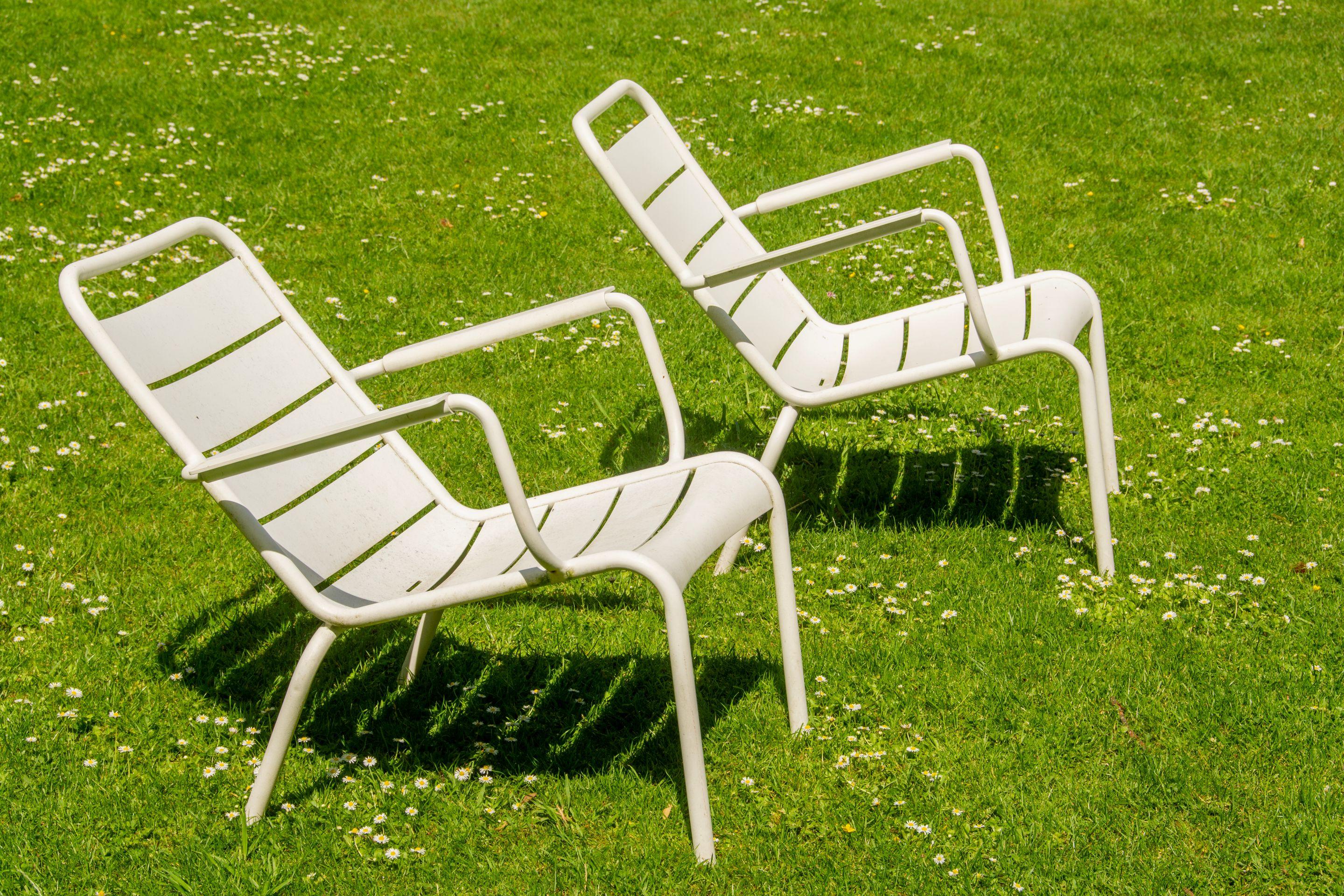 Two white metal chairs side by side on a sunlit lawn scattered with daisies