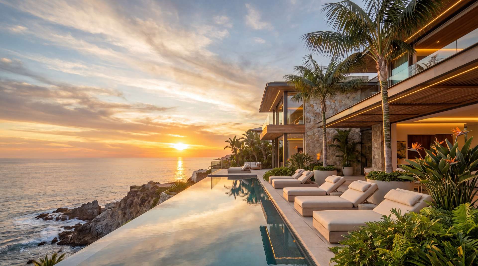Luxury rehabilitation retreat: a private villa and pool at golden hour