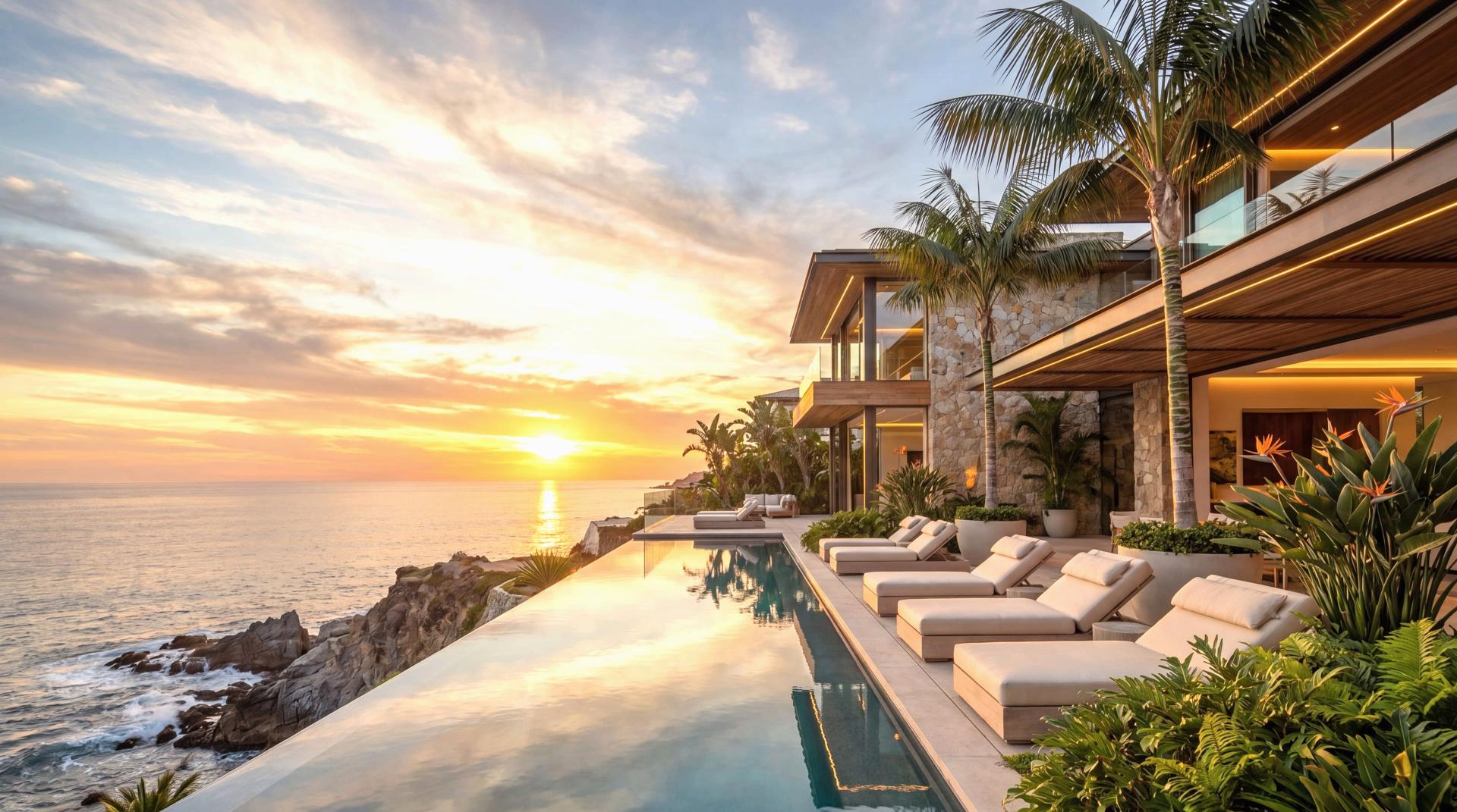 Luxury rehabilitation retreat: a private villa and pool at golden hour