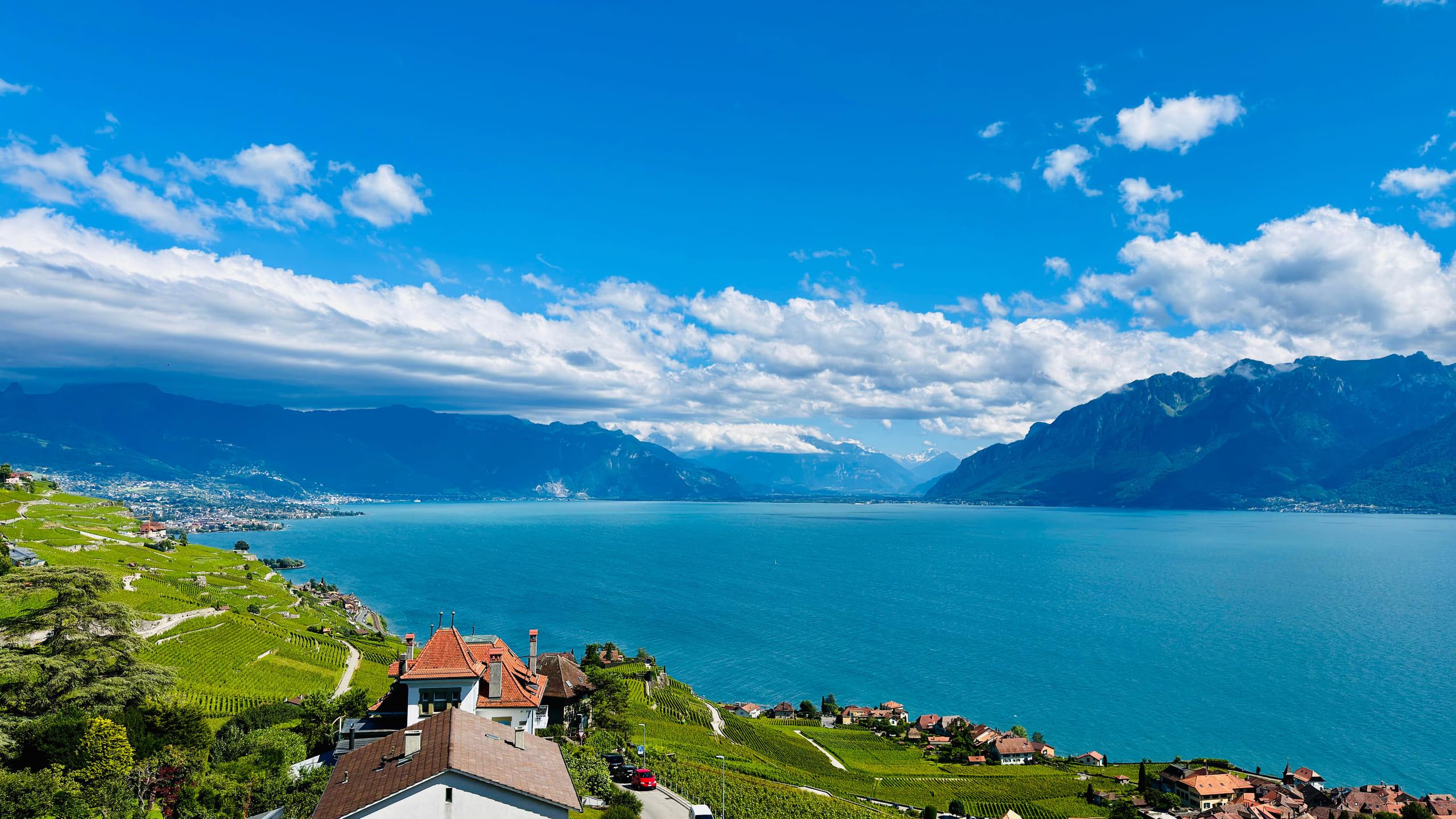 The Lavaux vineyard terraces dropping to Lake Geneva, the lake closing eastward between the mountains above Montreux