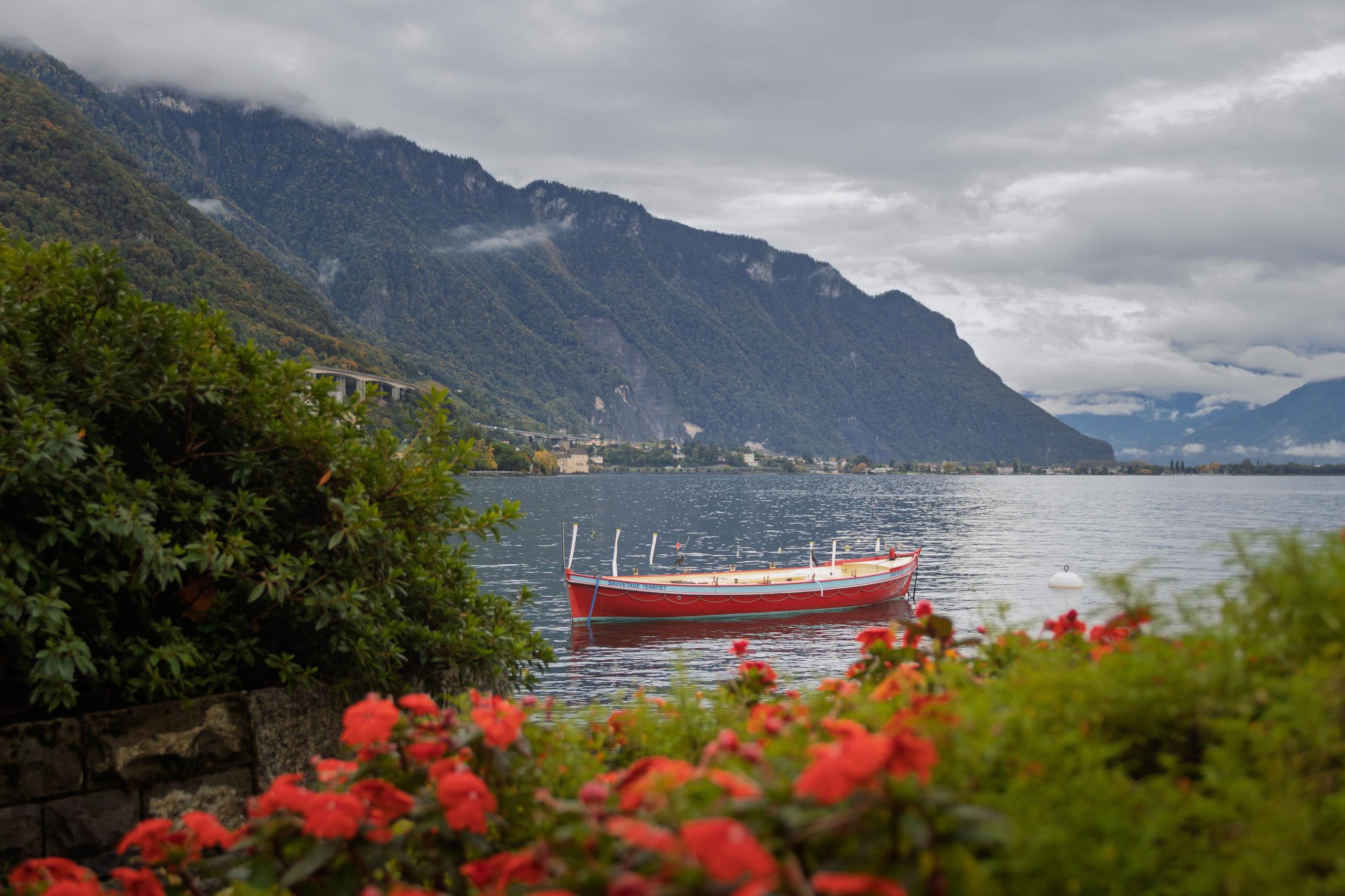 A Territet lifeboat moored off Montreux on Lake Geneva, the Savoy shore rising behind it