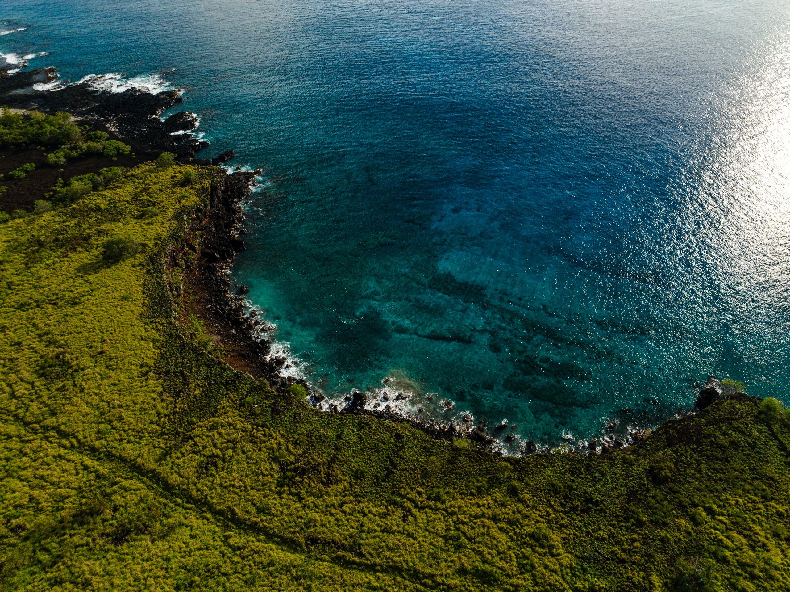 Sunlit aerial view of lush green cliffs meeting clear turquoise water along a Hawaiian coastline