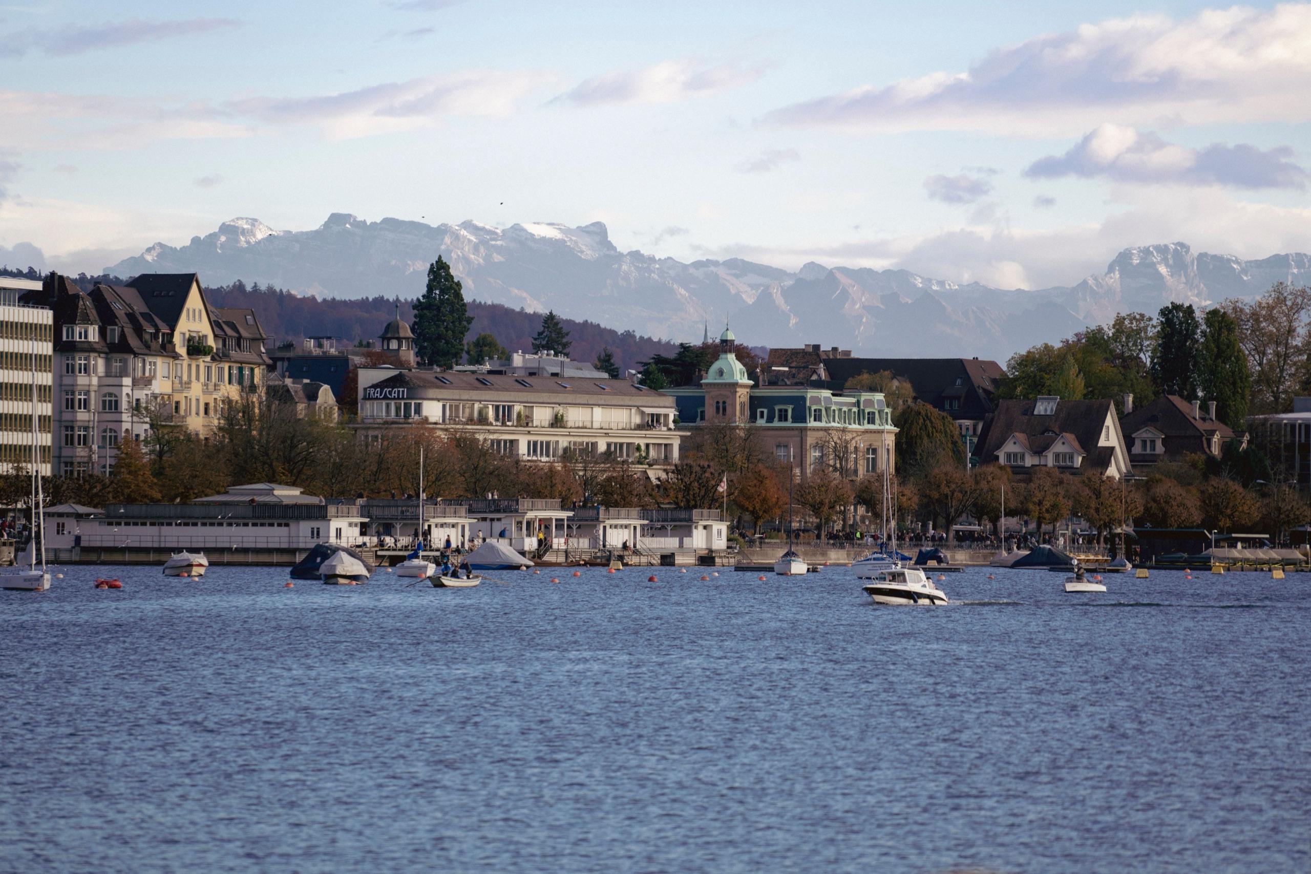 Lakefront villas on Lake Zurich with the snow-capped Alps behind them