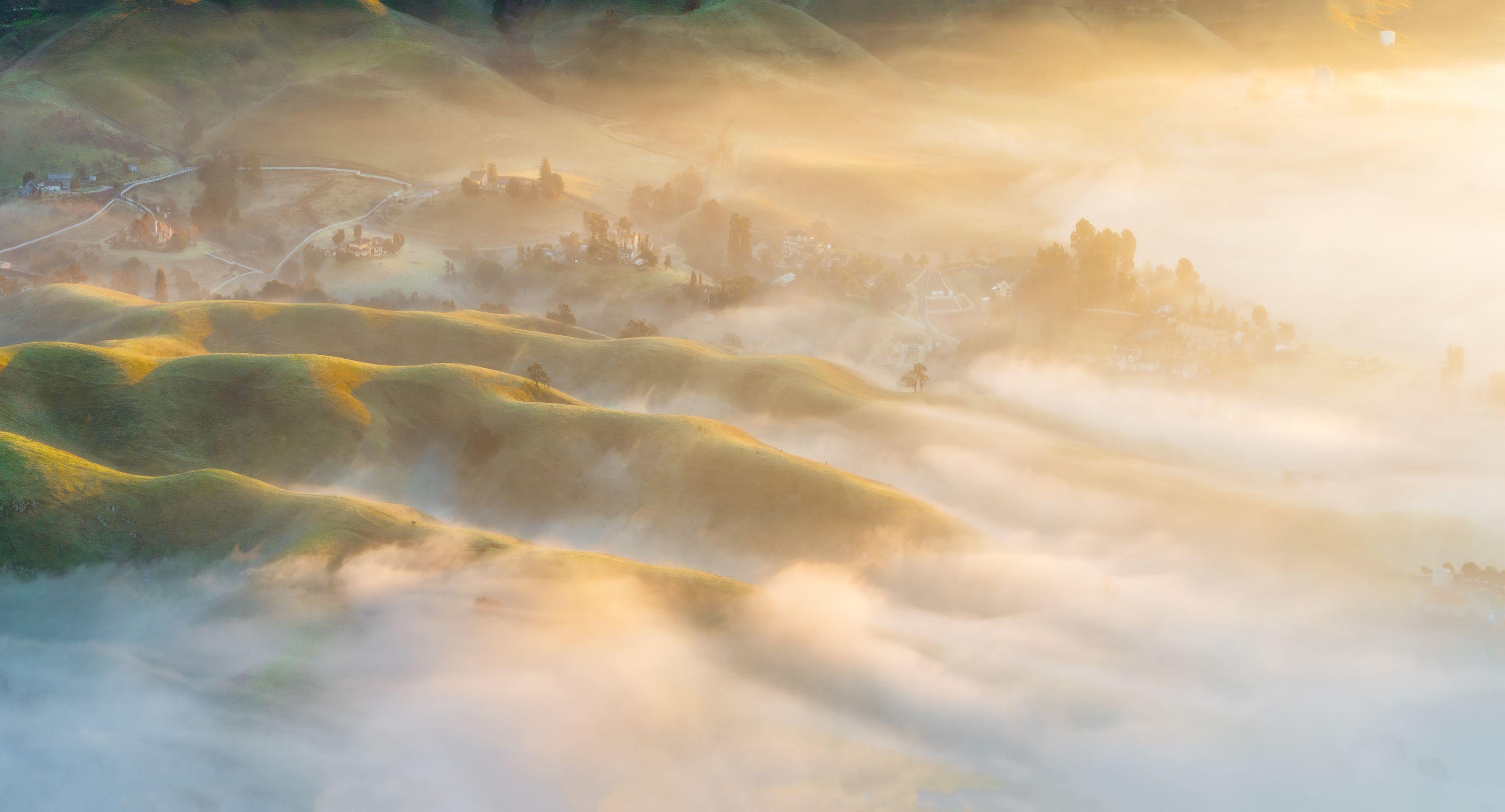 Morning fog threading golden California hills at sunrise, ridgelines surfacing above the marine layer