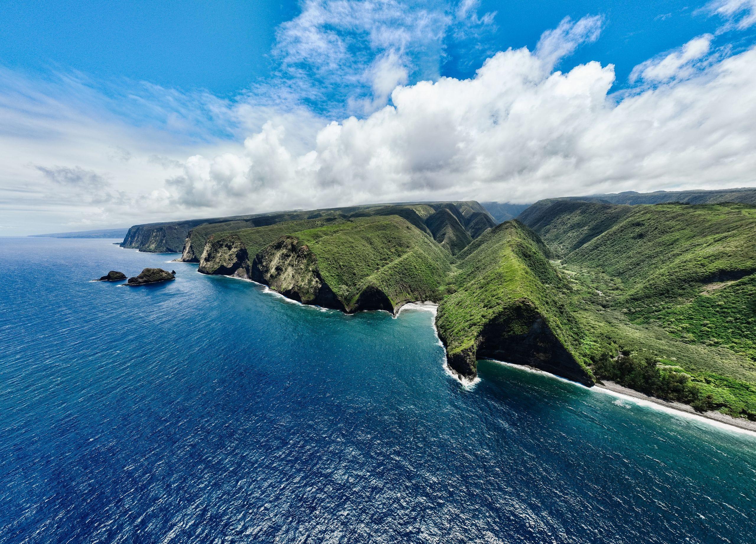Green sea cliffs and valleys dropping into deep blue ocean on the North Kohala coast of Hawaii Island