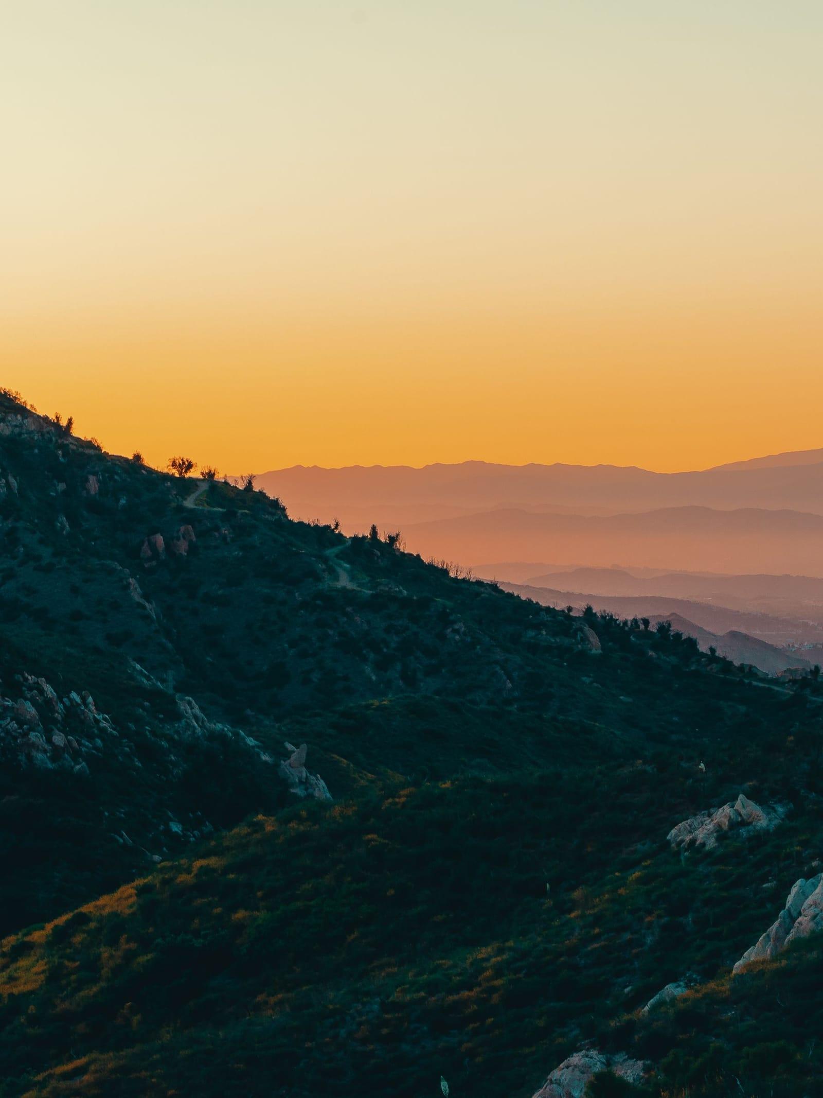 Sunset light over sandstone peaks in the mountains above Malibu